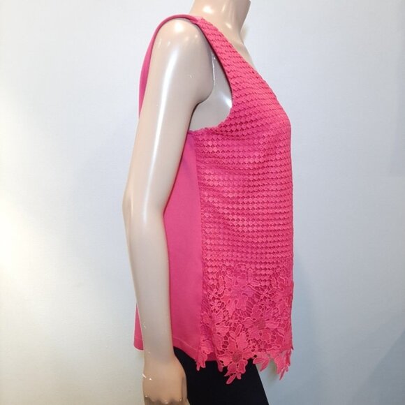 3/$20 Cleo Sleeveless Crochet Overlay Top Floral Lace Hem Barbie Pink Scoop Neck - Picture 7 of 11